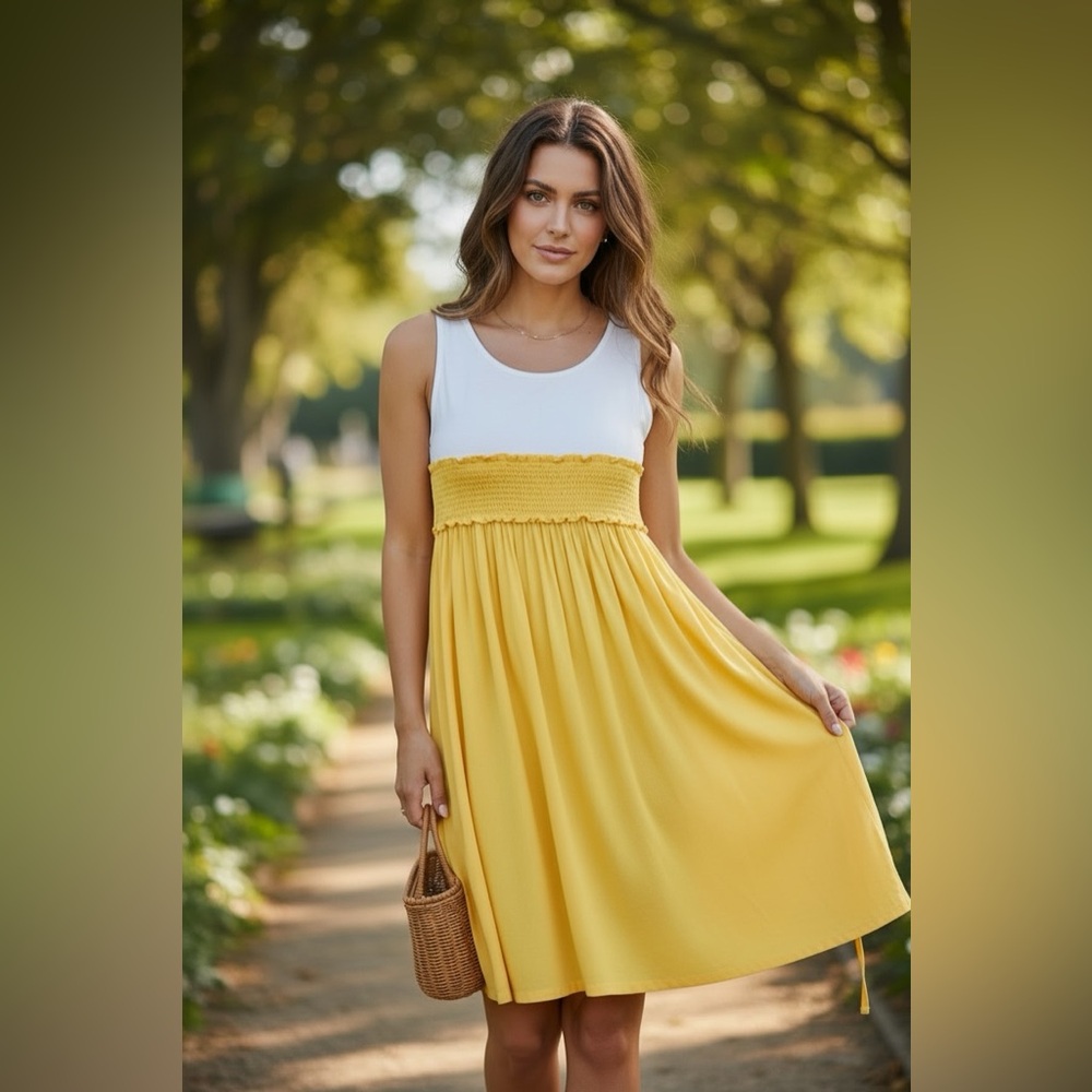 NWT Zara Contrasting Yellow and White sleeveless round neckline Babydoll Mini dr